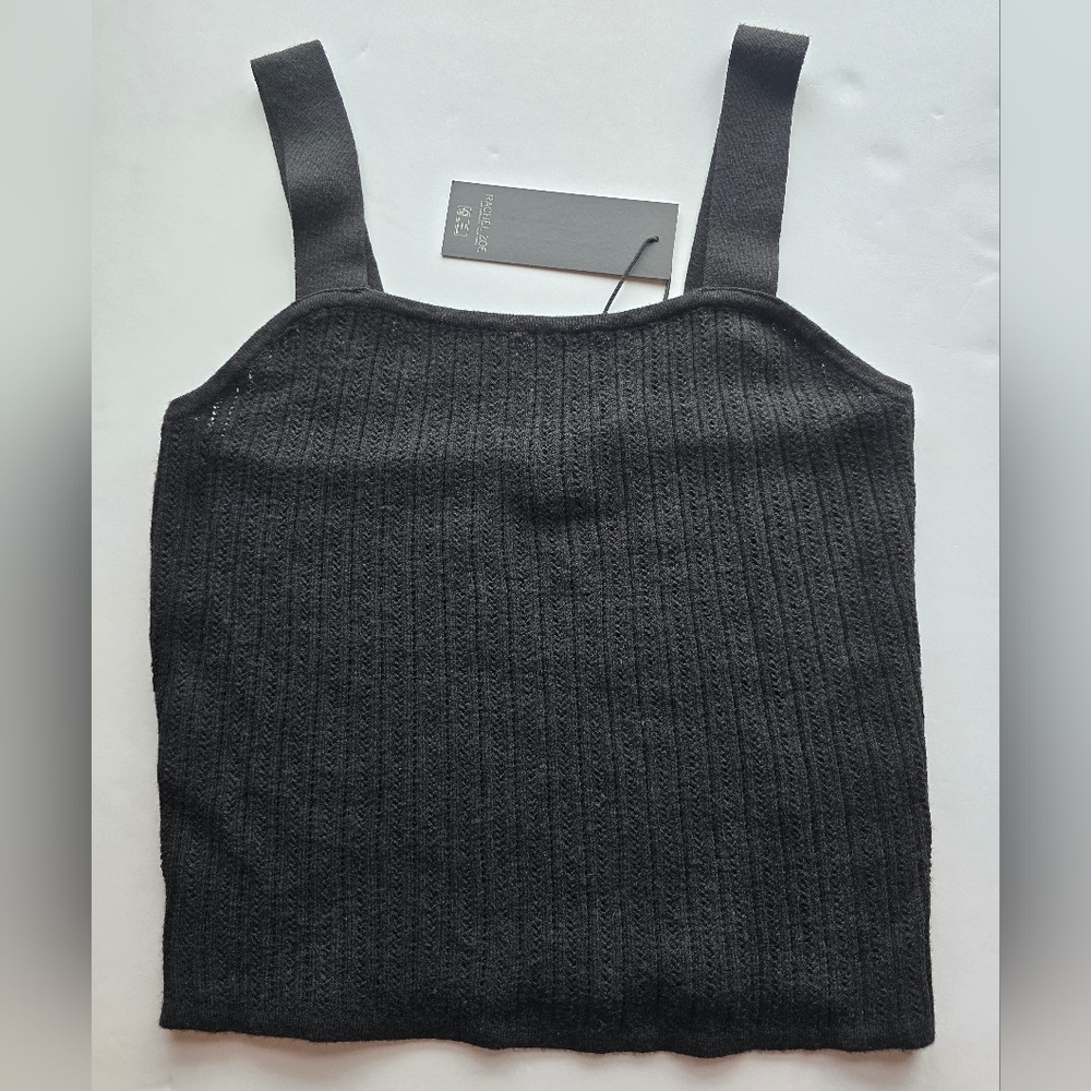 Rachel Zoe Black Ribbed Crop Sleeveless Tank Top NWT Wide Straps Size Med - Picture 2 of 5